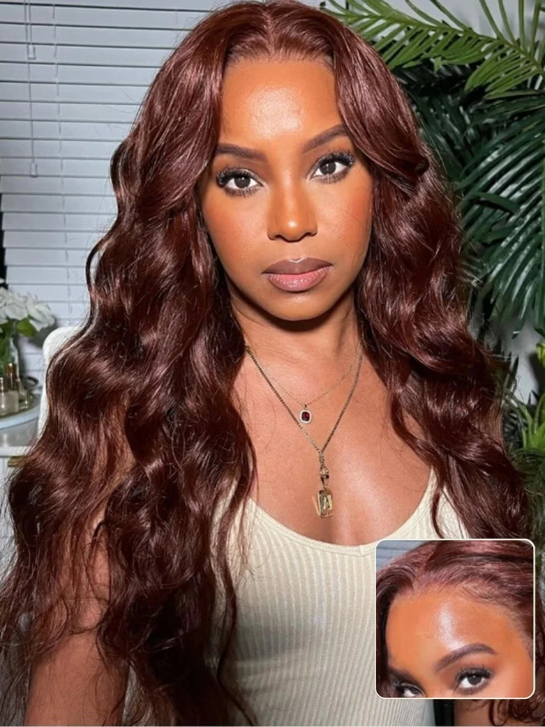 Body Wave Put On and Go Glueless Wigs 150% Density Reddish Brown 7x5 Pre-Cut Lace Wigs with Natural Hairline