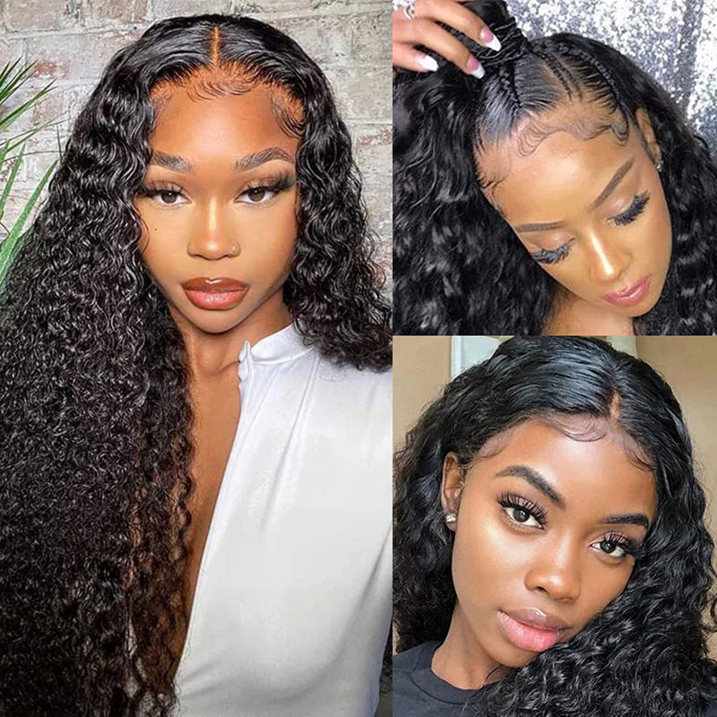360 Full Lace Glueless Deep Wave Wig Invisi Drawstring Natural Black Pull & Go 180% Density Human Hair