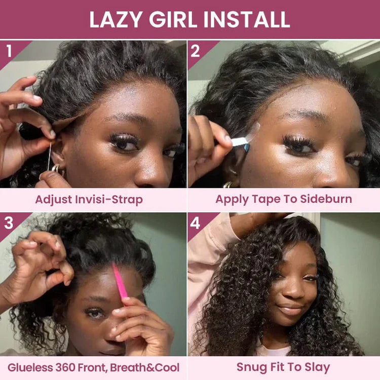 360 Full Lace Glueless Deep Wave Wig Invisi Drawstring Natural Black Pull & Go 180% Density Human Hair