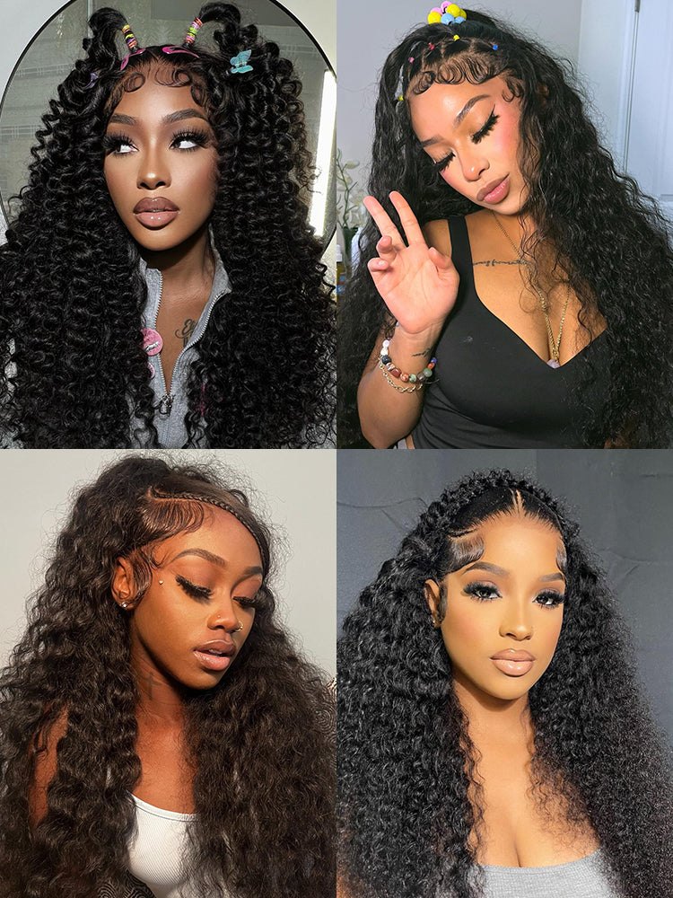 7x5 Glueless Wig Pre Cut 180% Density Wet And Wavy Water Wave Natural Black Invisible Knots Lace Frontal Wig Put On and Go