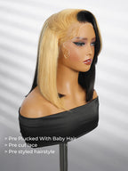 Honey Blonde Short Bob  Straight Wigs Face Framing  Skunk Stripe 13x6 Lace Frontal Ready To Go Wigs