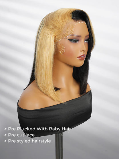 Honey Blonde Short Bob  Straight Wigs Face Framing  Skunk Stripe 13x6 Lace Frontal Ready To Go Wigs