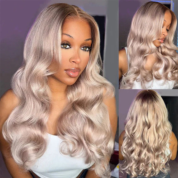 13x6 Three-Go™ Ash Blonde Ombre Glueless Wigs Silky Straight Loose Body Wave With Drawstring Pre Plucked 100% Human Hair Wig
