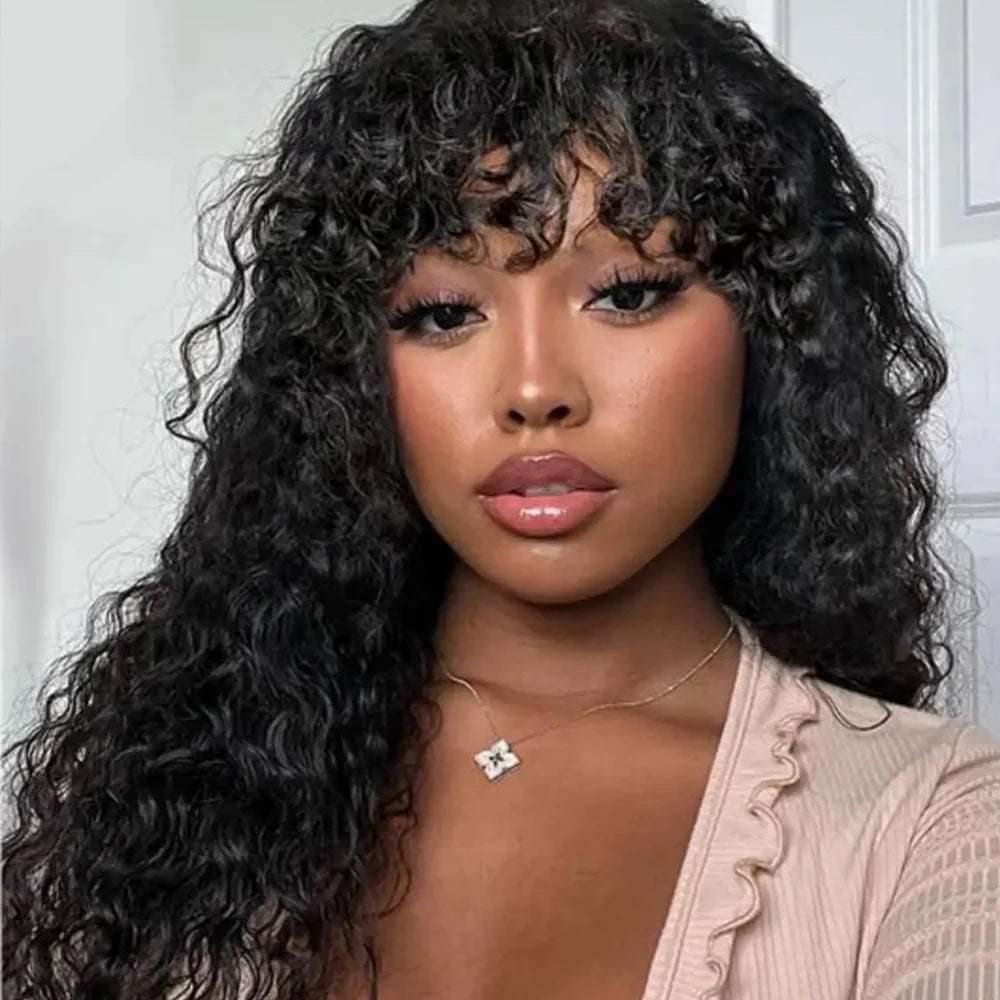 Curly Wave Wig With Bangs Natural Color Human Hair Glueless Wigs Low-Maintenance Wear Go