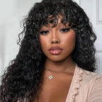 Curly Wave Wig With Bangs Natural Color Human Hair Glueless Wigs Low-Maintenance Wear Go