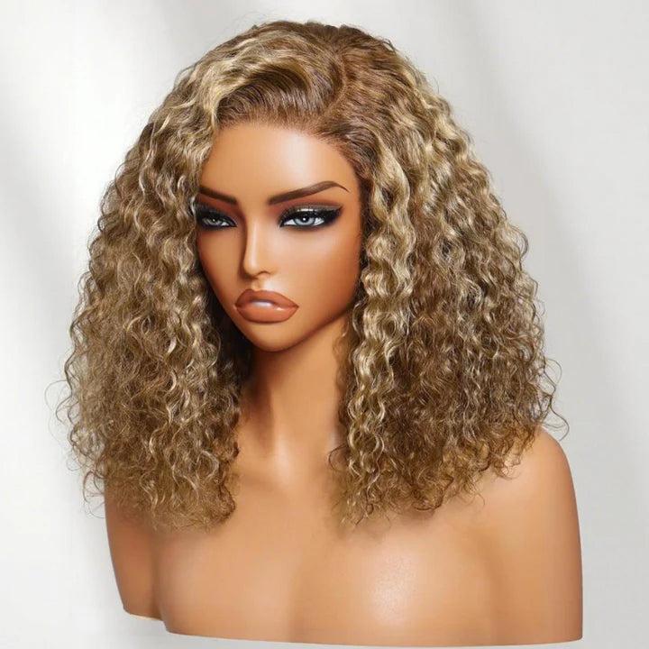 7x5 Pre Cut Honey Blonde Highlights Sun-kissed Hair Shoulder-length Glueless Curly Bob Wig Put On and Go 180% Density