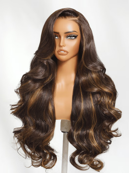 Brown Highlight Peacock Curls 13x4 Full Lace Wig Glueless Pull & Go Pre-Everything Body Wave Loose Wave Wig