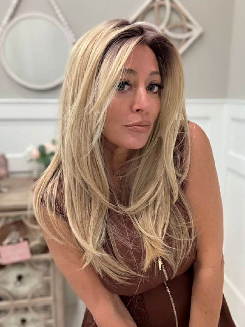 100% Human Hair Trendy blonde ombre with gold highlights Straight with side bangs Lace Part Wig