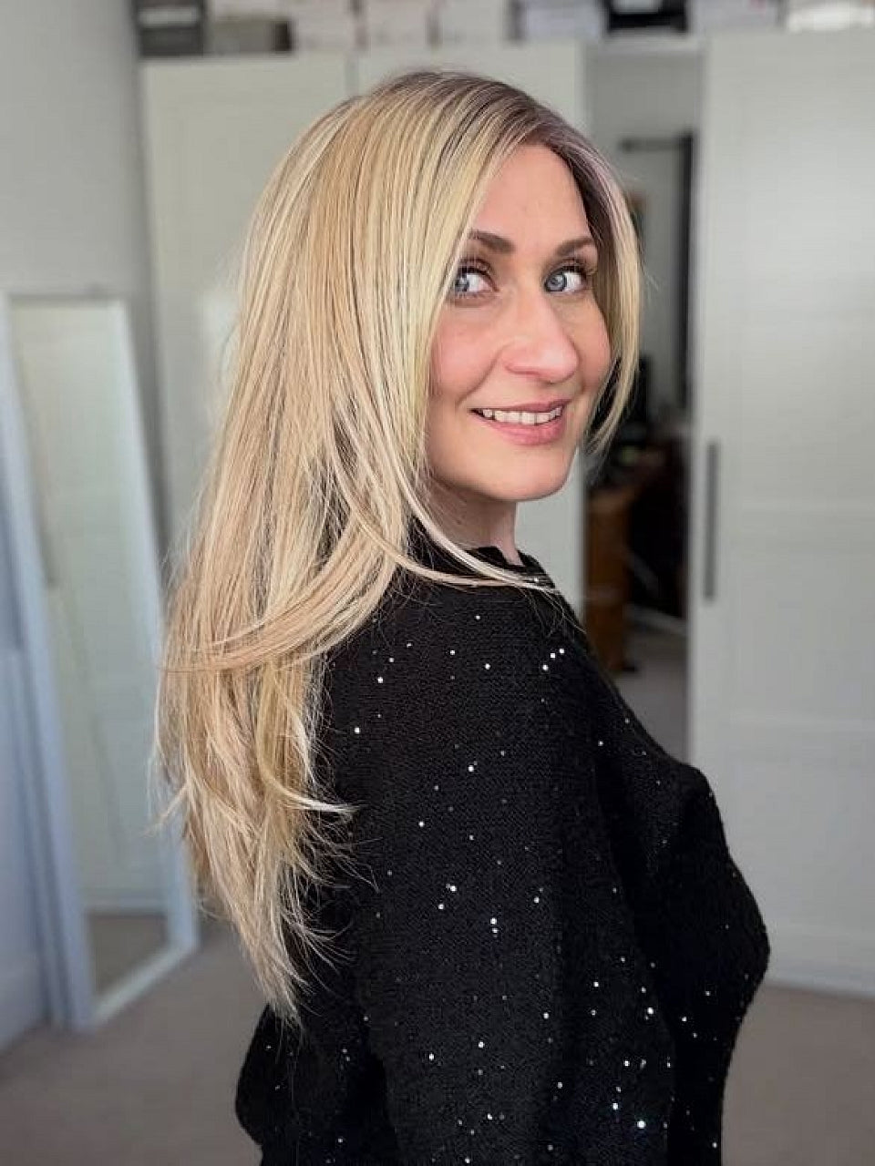 100% Human Hair Trendy blonde ombre with gold highlights Straight with side bangs Lace Part Wig