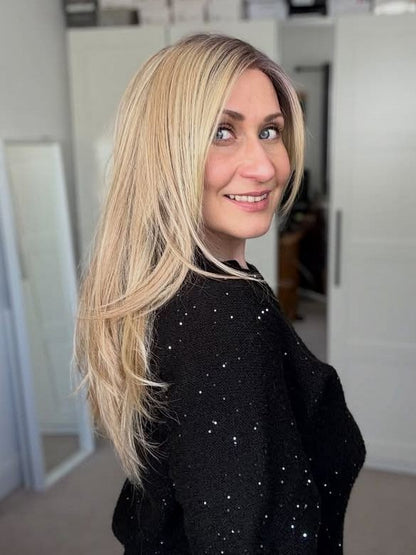 100% Human Hair Trendy blonde ombre with gold highlights Straight with side bangs Lace Part Wig