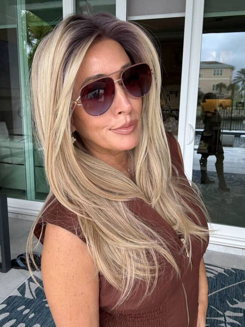 100% Human Hair Trendy blonde ombre with gold highlights Straight with side bangs Lace Part Wig