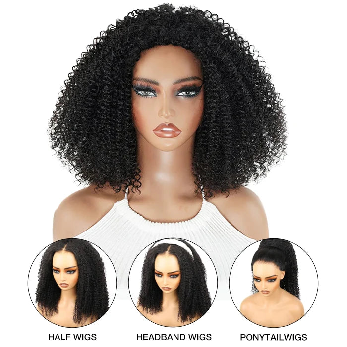 Curly Half Wig 3 In 1 Seamless Flip Over With Drawstring for Women Human Hair Glueless Wear and Go Half Up Half Down Headband