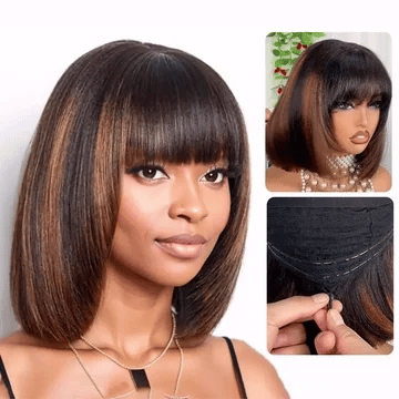 Black Brown Highlight Layered Cut Yaki Straight Short Bob Wigs Put On and Go Wig with Bangs Human Hair Wigs