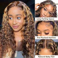 Honey Blonde Highlight Water Wave Pull & Go 13x6 Lace Frontal Tiny Knots Glueless Wig Deep Curly Human Hair
