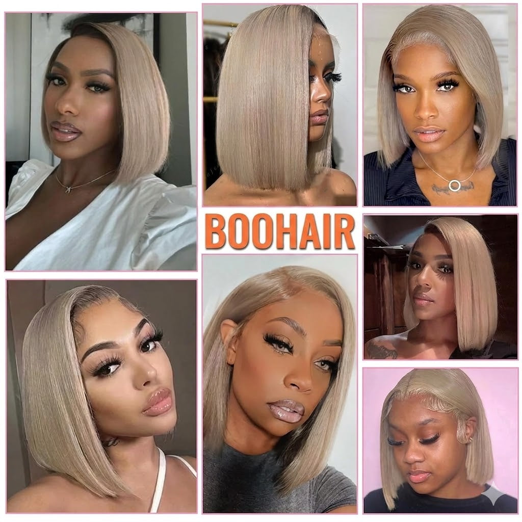 13x6 HD Lace Front Wig Human Hair Invisible Knots Ash Blonde Ombre Silky Straight 12 Inch Short Bob Wigs With Pre-Cut Lace 180% Density Blond Wig
