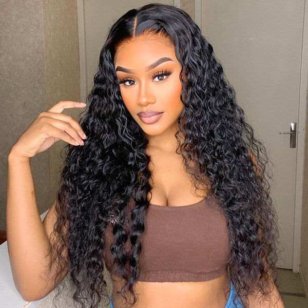 Glueless Curly Pre Plucked Pre Cut Deep Wave Wig for Women 200 Density Drawstring 13X6 Hd Lace Closure Middle Part Wear and Go Wigs Natural Black Color