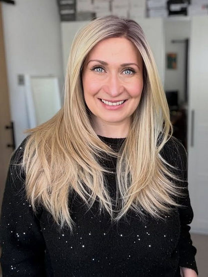 100% Human Hair Trendy blonde ombre with gold highlights Straight with side bangs Lace Part Wig