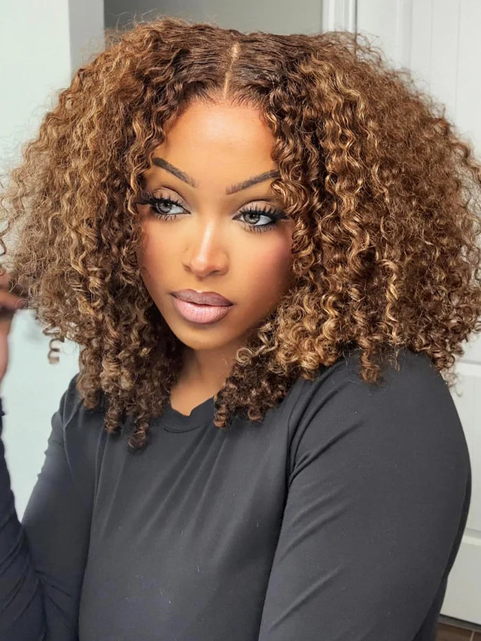 Honey Blonde Short Kinky Curly Wear Go Glueless Wigs Human Hair Highlight Bob Wig 180 Density Ombre Pre Cut Transparent Lace Wigs