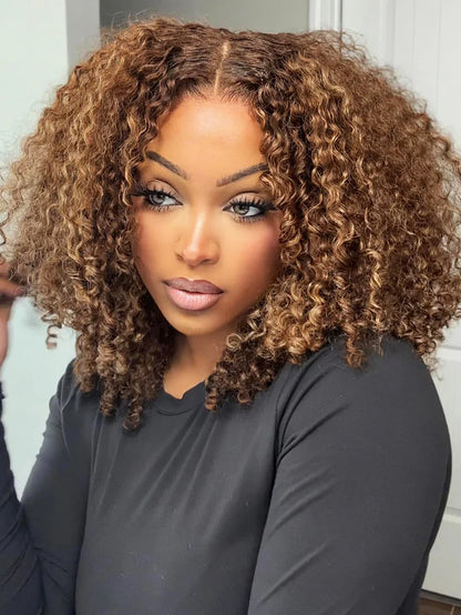 Honey Blonde Short Kinky Curly Wear Go Glueless Wigs Human Hair Highlight Bob Wig 180 Density Ombre Pre Cut Transparent Lace Wigs