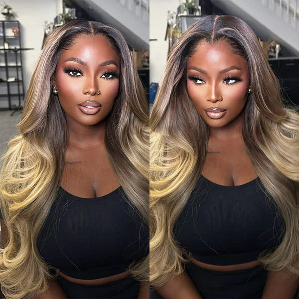 Ready To Go Wigs Loose Body Transparent Lace Front Wig Ash Brown Ombre Blonde Colored Human Hair