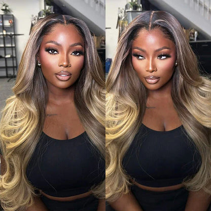 Ready To Go Wigs Loose Body Transparent Lace Front Wig Ash Brown Ombre Blonde Colored Human Hair