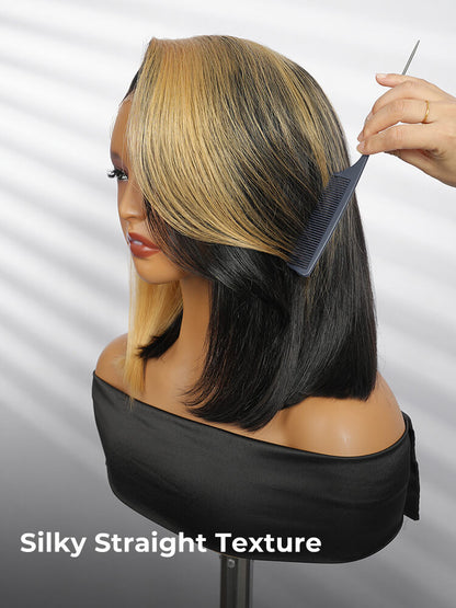 Honey Blonde Short Bob  Straight Wigs Face Framing  Skunk Stripe 13x6 Lace Frontal Ready To Go Wigs