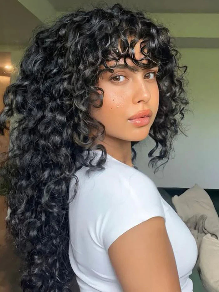 Curly Wave Wig With Bangs Natural Color Human Hair Glueless Wigs Low-Maintenance Wear Go