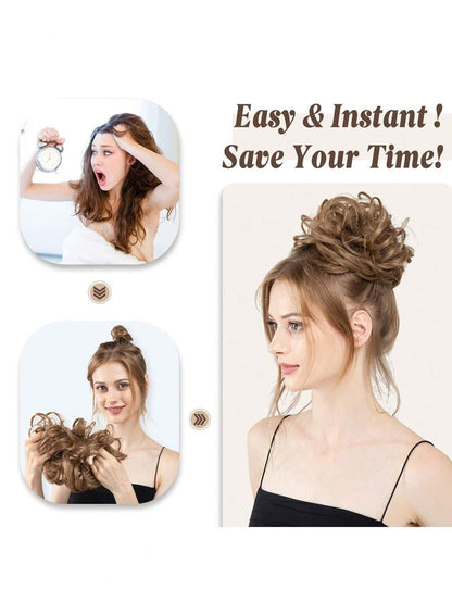 Large Messy Bun Hair Piece Wavy Curly Scrunchies Synthetic Chignon Ponytail Hair Extensions Thick Updo Hairpieces for Women Dirty Blonde
