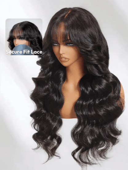 Boohair 7x5 Bye Bye Knots 13x4 Lace Fluffy Loose Body Wave Lace Frontal Wig with Bangs Pre everything Put On and Go Human Hair Glueless  Wigs 180% Density