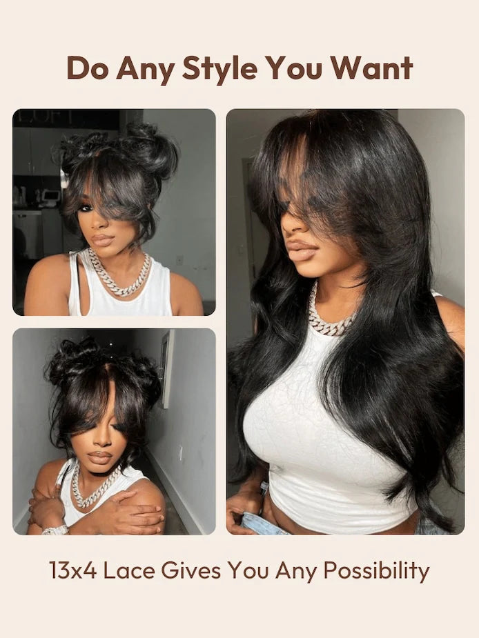 Boohair 7x5 Bye Bye Knots 13x4 Lace Fluffy Loose Body Wave Lace Frontal Wig with Bangs Pre everything Put On and Go Human Hair Glueless  Wigs 180% Density