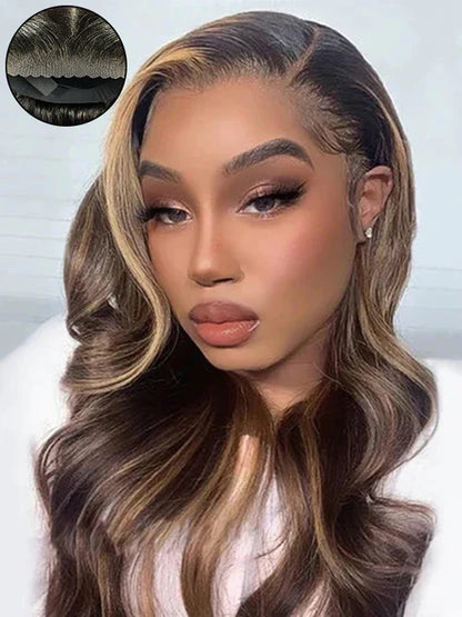 13x6 Ombre Blonde Highlight Brown Body Wave HD Lace Closure Wig 180% Density Wear Go Human Hair