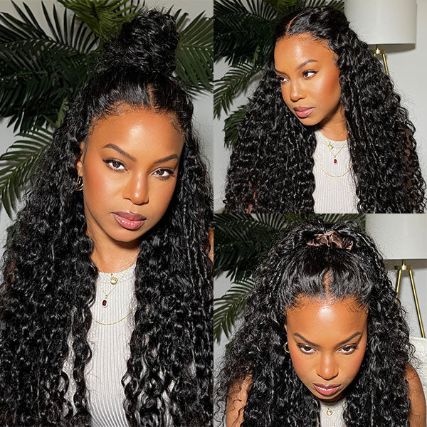 Glueless Curly Pre Plucked Pre Cut Deep Wave Wig for Women 200 Density Drawstring 13X6 Hd Lace Closure Middle Part Wear and Go Wigs Natural Black Color