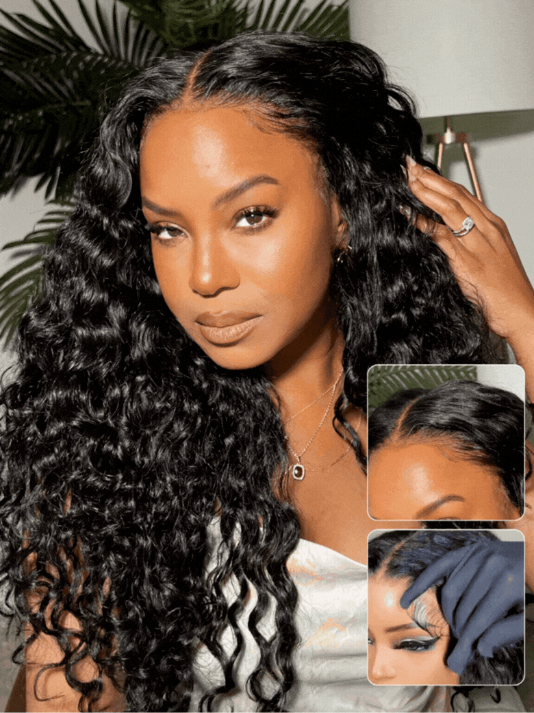 7x5 Glueless Wig Pre Cut 180% Density Wet And Wavy Water Wave Natural Black Invisible Knots Lace Frontal Wig Put On and Go