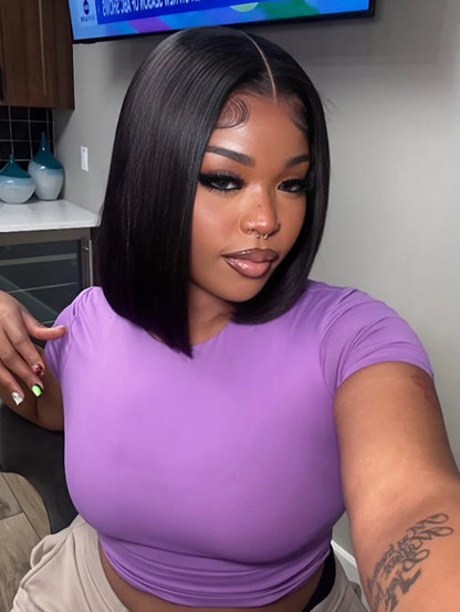 Super Natural Hairline Silky Short Bob Wig Human Hair Straight Bob Lace Human Hair Natural Black