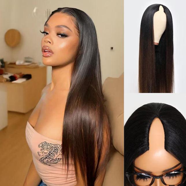 Pre Everything 7x5 Glueless Lace Chestnut Brown Ombre Yaki Straight Put On and Go Wig With Bleached Knots 150% Density
