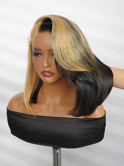 Honey Blonde Short Bob  Straight Wigs Face Framing  Skunk Stripe 13x6 Lace Frontal Ready To Go Wigs