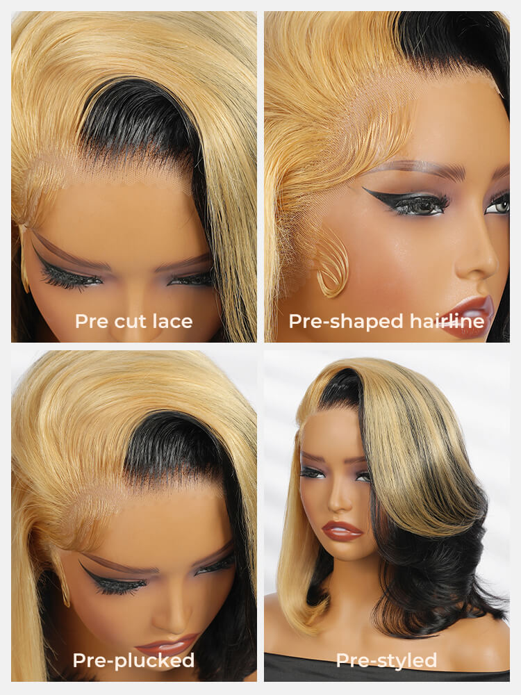 Honey Blonde Short Bob  Straight Wigs Face Framing  Skunk Stripe 13x6 Lace Frontal Ready To Go Wigs