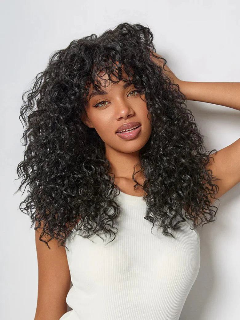 Curly Wave Wig With Bangs Natural Color Human Hair Glueless Wigs Low-Maintenance Wear Go
