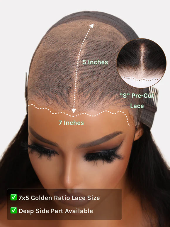 Elegant 7x5 Pre Cut Side-Part Yaki Straight Lace Part Glueless Drawstring Wig With Blowout Face-framing Feathered Layers Ready to Go Beginner Friendly