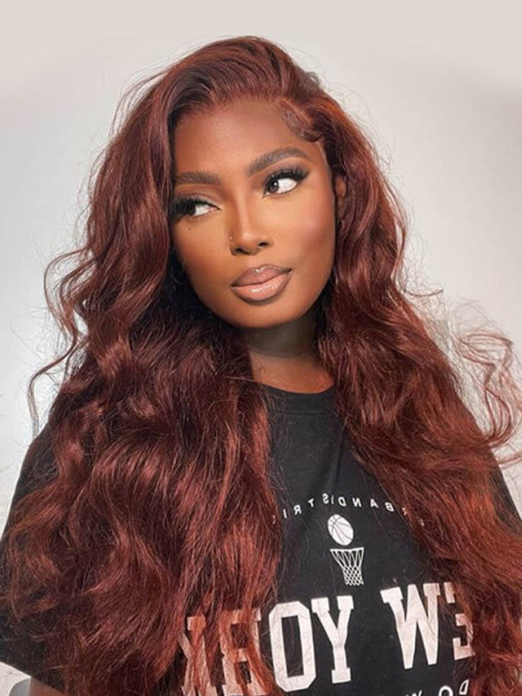 Body Wave Put On and Go Glueless Wigs 150% Density Reddish Brown 7x5 Pre-Cut Lace Wigs with Natural Hairline