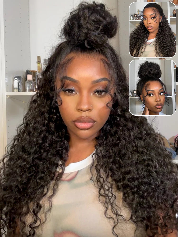 7x5 Glueless Wig Pre Cut 180% Density Wet And Wavy Water Wave Natural Black Invisible Knots Lace Frontal Wig Put On and Go