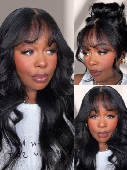 Boohair 7x5 Bye Bye Knots 13x4 Lace Fluffy Loose Body Wave Lace Frontal Wig with Bangs Pre everything Put On and Go Human Hair Glueless  Wigs 180% Density