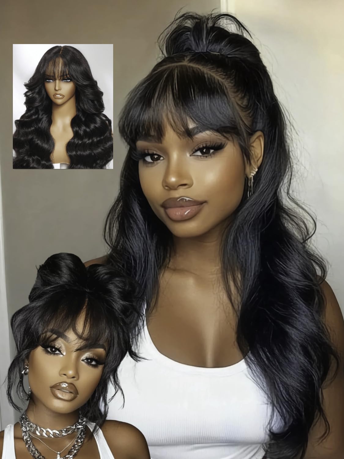 Boohair 7x5 Bye Bye Knots 13x4 Lace Fluffy Loose Body Wave Lace Frontal Wig with Bangs Pre everything Put On and Go Human Hair Glueless  Wigs 180% Density