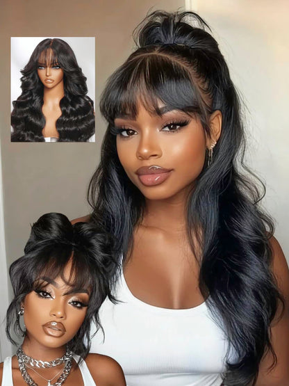 Boohair 7x5 Bye Bye Knots 13x4 Lace Fluffy Loose Body Wave Lace Frontal Wig with Bangs Pre everything Put On and Go Human Hair Glueless  Wigs 180% Density