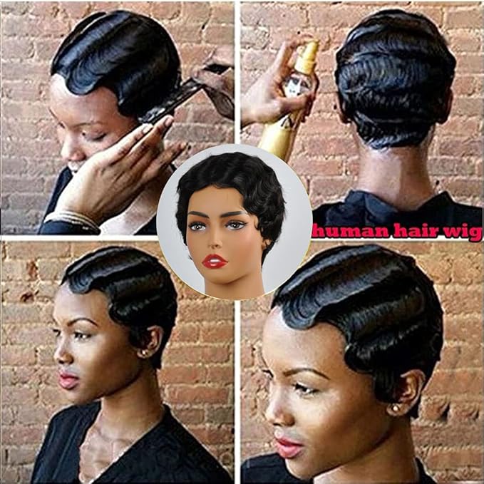 Modern Show Short Mommy Curly Hair Wig Finger Wave Human Hair Wear Go Wigs Guleless Remi Pixie Cut Wig Pre Plucked 150% Density On Sale