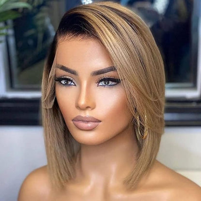 13x4 Lace Front Wigs Human Hair invisible knots Glueless Loose Body Wave Bob Wig Pre-cut Lace Brown Blonde Ombre Beginner Friendly