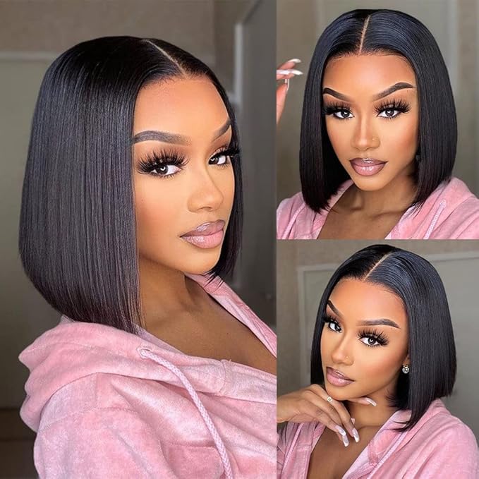 Super Natural Hairline Silky Short Bob Wig Human Hair Straight Bob Lace Human Hair Natural Black