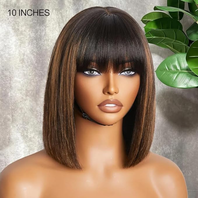 Black Brown Highlight Layered Cut Yaki Straight Short Bob Wigs Put On and Go Wig with Bangs Human Hair Wigs