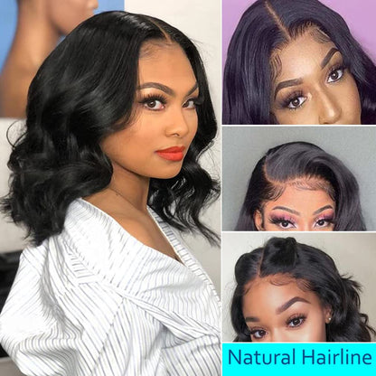 Short Bob Human Hair Wear Go Wig Glueless 13x4 Lace Front Pre-Plucked Body Wave Ocean Wave 180% Density - Natural Color (10 Inch)