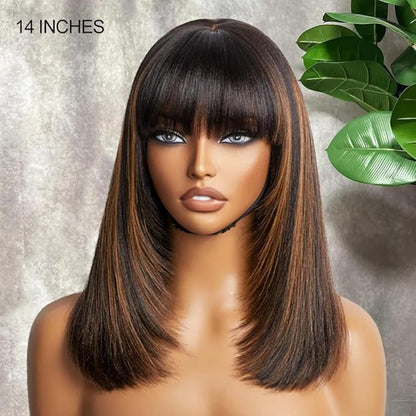 Black Brown Highlight Layered Cut Yaki Straight Short Bob Wigs Put On and Go Wig with Bangs Human Hair Wigs